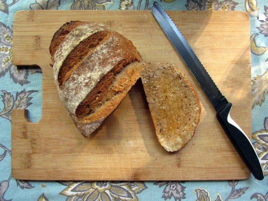 multigrain no-knead bread and honey